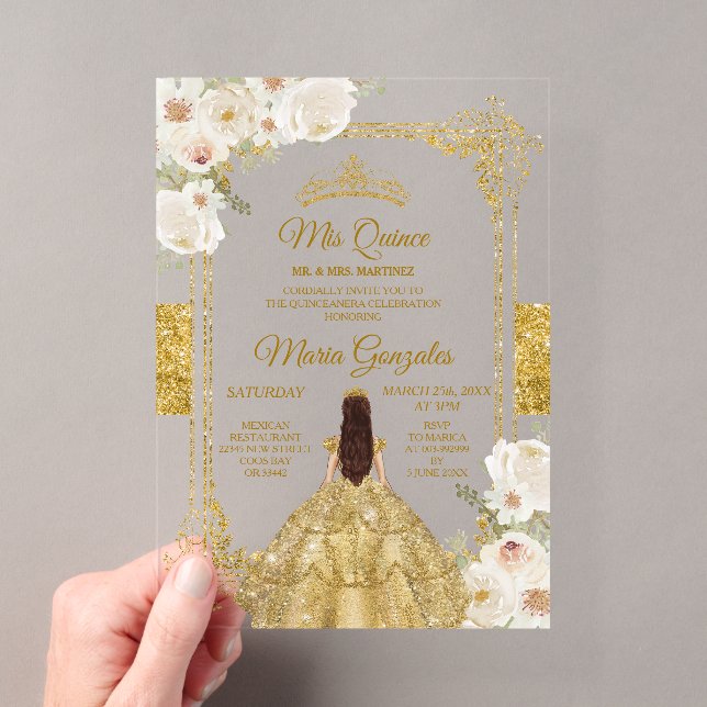 Gold & White Floral Birthday Crown Mis Quince Acrylic Invitations (Insitu (Handheld))