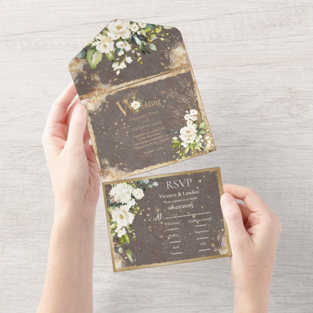 Gold White Floral Botanical Elegant Rustic All In One Invitation (Tearaway)