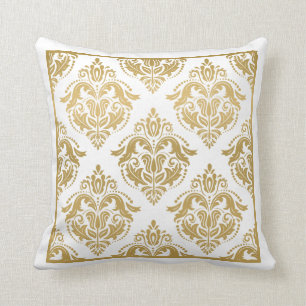 Gold & White Floral Damasks Geometric Pattern Throw Pillow