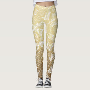 Gold & White Floral Faux Lace Leggings