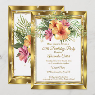 Gold white Floral Hibiscus Birthday Party Invitation