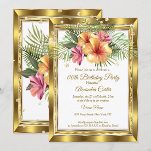 Gold white Floral Hibiscus Birthday Party Invitation