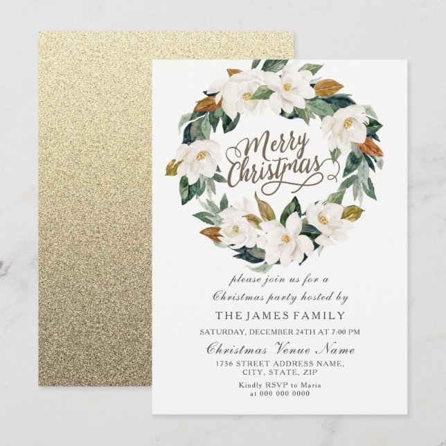 Gold & White Floral Leaf Wreath Christmas Party Invitation (Front/Back)