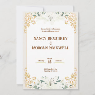 Gold White Floral Watercolor Illustration Wedding  Invitation