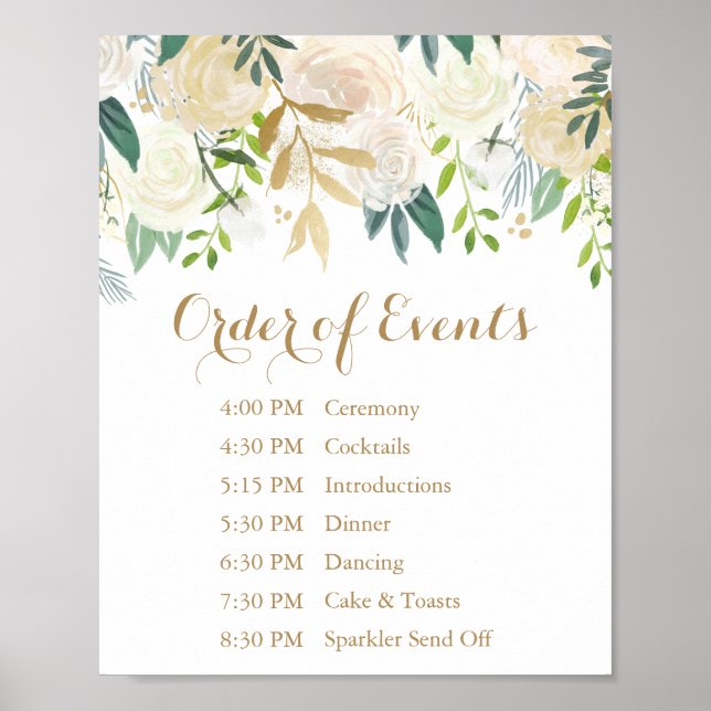Gold White Flower Wedding Order of Events Sign (Front)