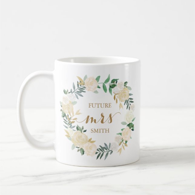Gold White Flower Wedding Planning Mrs Coffee Mug (Left)