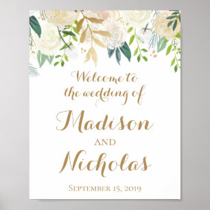 Gold White Flower Wedding Welcome Sign Poster