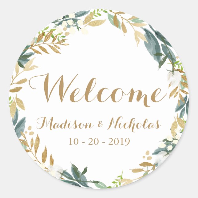 Gold White Flower Wreath Wedding Welcome Stickers (Front)