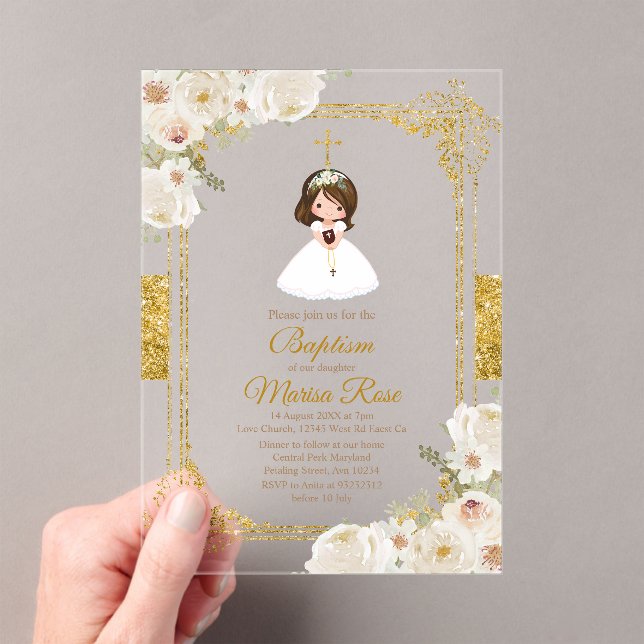 Gold White Flowers Girl First Holy Communion Acrylic Invitations (Insitu (Handheld))