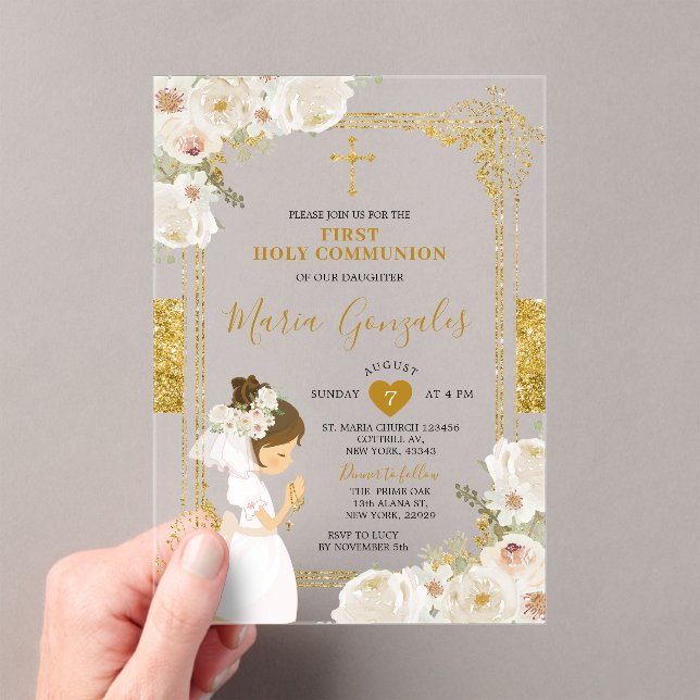 Gold White Flowers Girl First Holy Communion Acrylic Invitations (Insitu (Handheld))