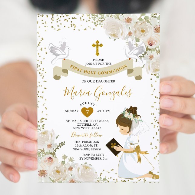 Gold White Flowers Girl First Holy Communion Invitation (Creator Uploaded)