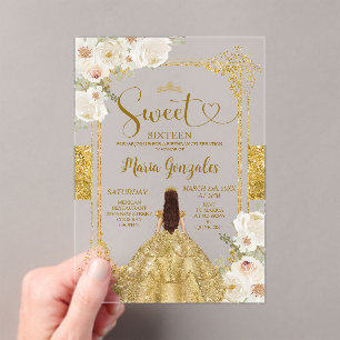 Gold & White Flowers Sweet Sixteen Crown Birthday Acrylic Invitations