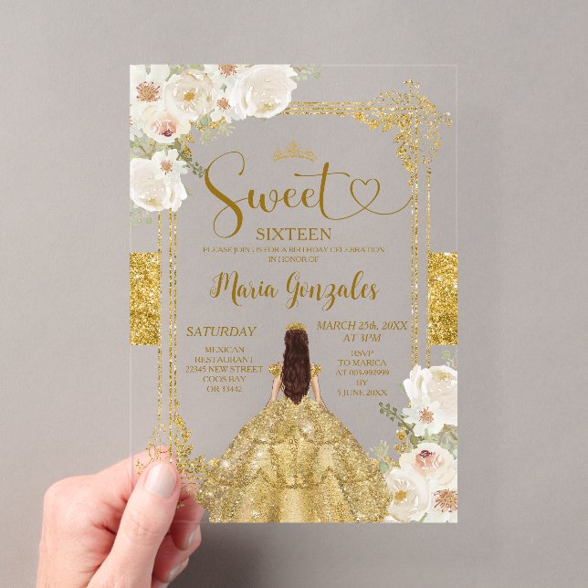 Gold & White Flowers Sweet Sixteen Crown Birthday Acrylic Invitations (Insitu (Handheld))