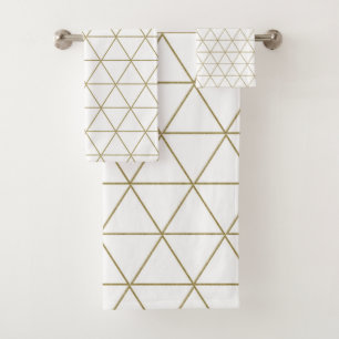 Gold White Geometric Triangles Boho Glam Minimal Bath Towel Set