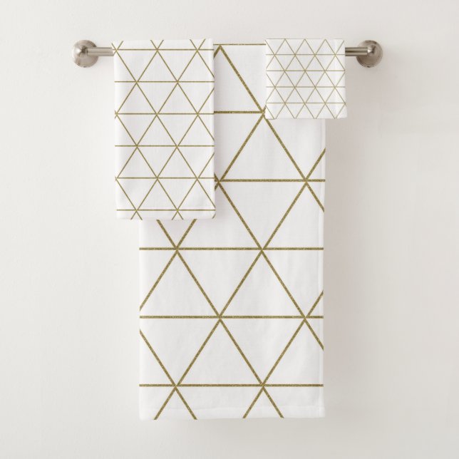 Gold White Geometric Triangles Boho Glam Minimal  Bath Towel Set (Insitu)