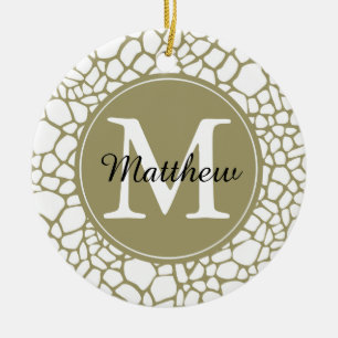 Gold White Giraffe Print Monogram Ceramic Ornament