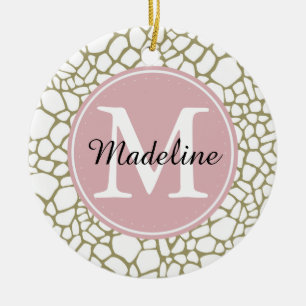 Gold White Giraffe Print Monogram Ceramic Ornament