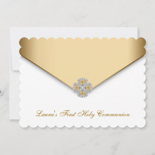 Gold White Girls First Holy Communion Invitation