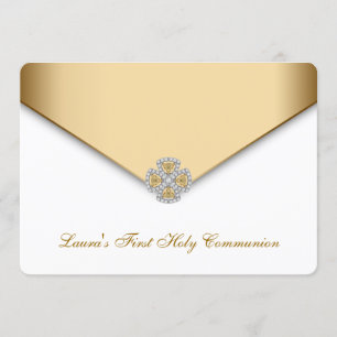 Gold White Girls First Holy Communion Invitation