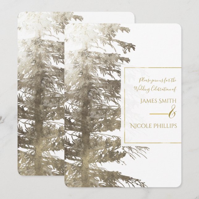 Gold & White Glam Pine Tree Rustic Forest Wedding Invitation (Front/Back)