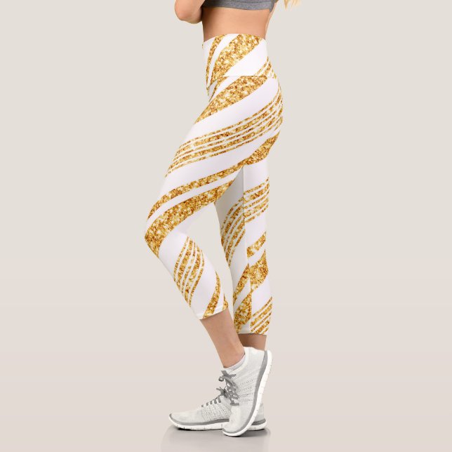 Gold White Glitter Boho Popular Stripes Collection Capri Leggings (Left)