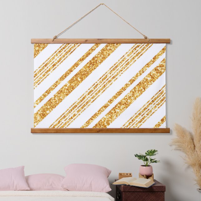 Gold White Glitter Boho Popular Stripes Collection Hanging Tapestry (Bedroom)
