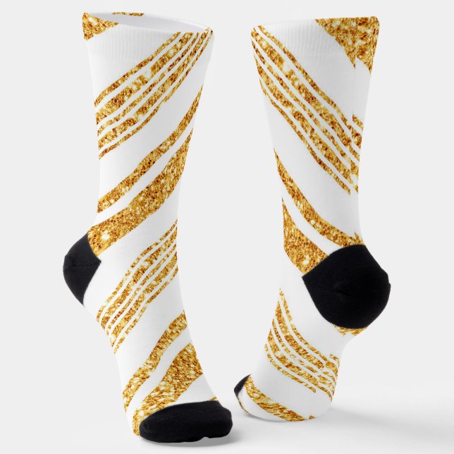 Gold White Glitter Boho Popular Stripes Collection Socks (Angled)