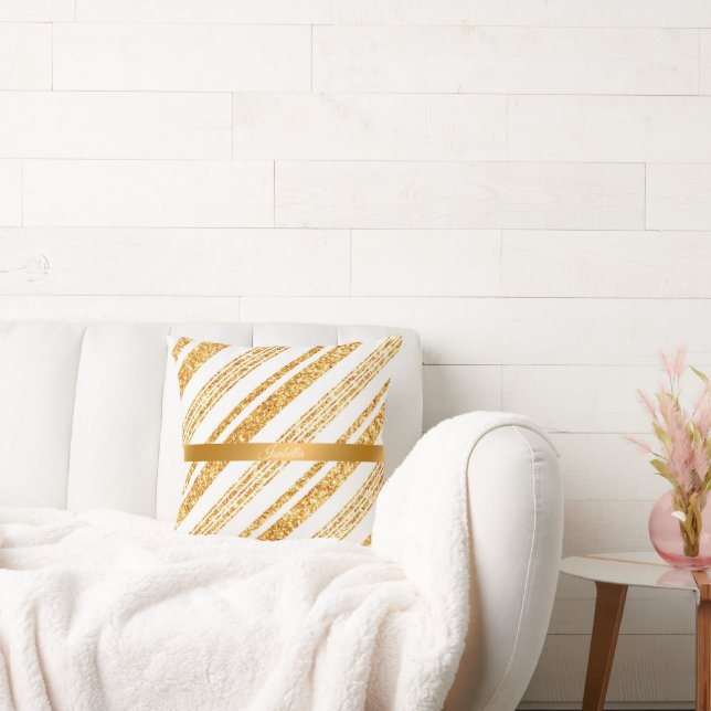 Gold White Glitter Boho Popular Stripes Collection Throw Pillow (Couch)