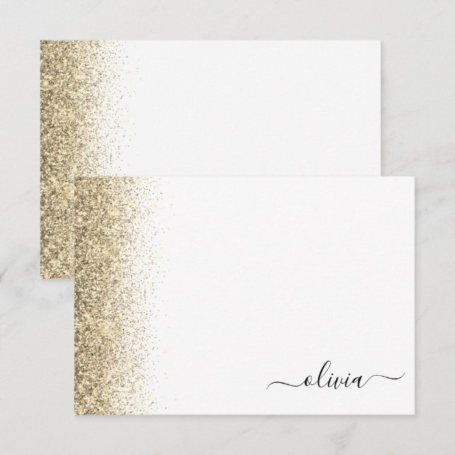 Gold White Glitter Script Monogram Girly Thank You Card (Front/Back)