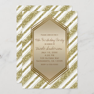 Gold White Glitter Stripes Birthday Party Event Invitation