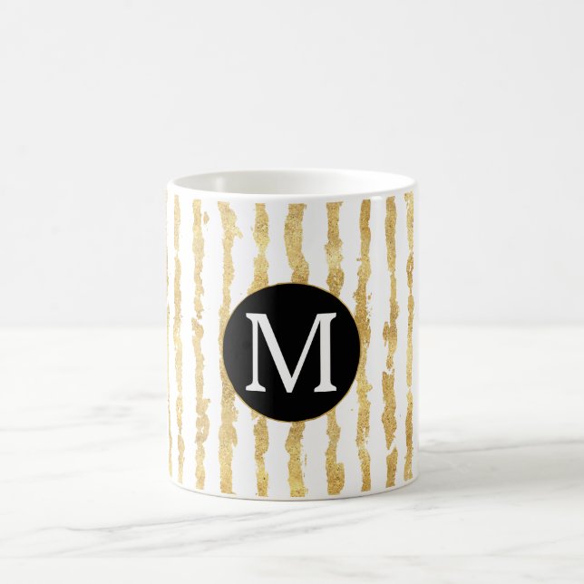 Gold White Glitz Stripes Monogram Coffee Mug (Center)