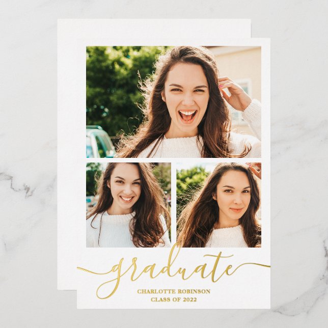 Gold white graduate script 3 photos graduation (Front/Back)