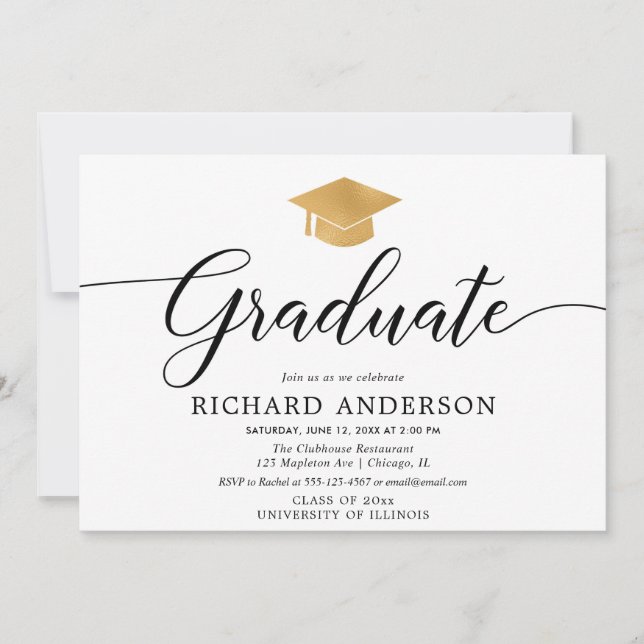 Gold white graduation party, simple calligraphy invitation (Front)