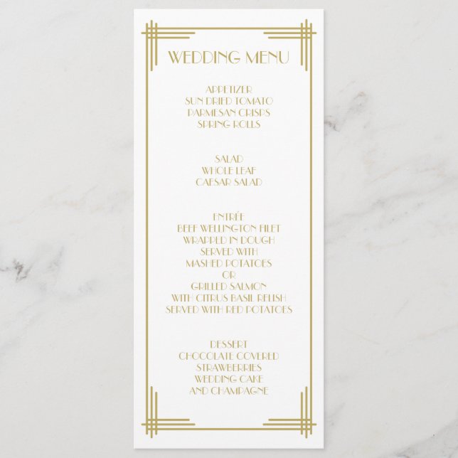 Gold White Great Gatsby Art Deco Menu Mariage (Devant)
