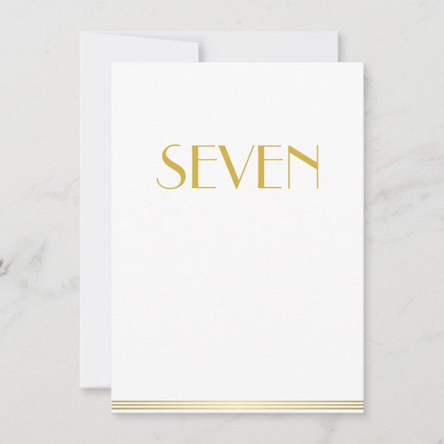 Gold White Great Gatsby Wedding Table Cards Seven (Front)