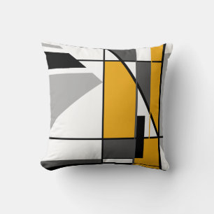 Gold White Grey Black Geometric Abstract Mosaic Throw Pillow