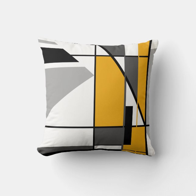 Gold White Grey Black Geometric Abstract Mosaic Throw Pillow (Front)