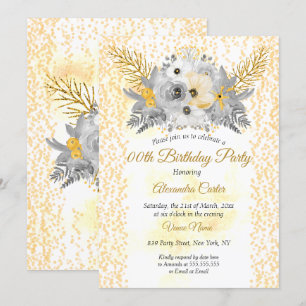 Gold White grey Floral Bouquet Birthday Party Invitation