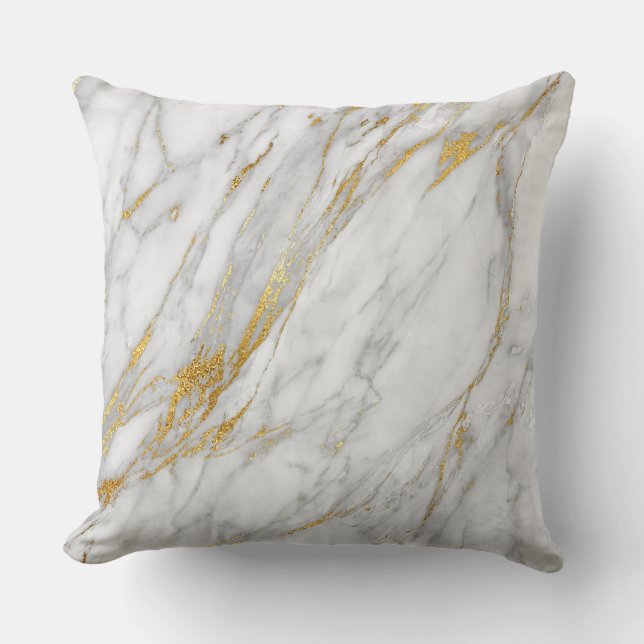 Gold White Grey Glam Carrara Marble Throw Pillow (Front)