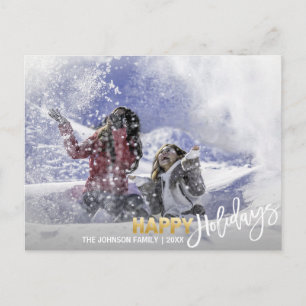 Gold White Happy Holidays Snowflakes add PHOTO Holiday Postcard