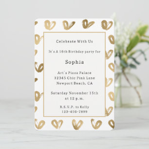 Gold White Hearts Birthday Invitation