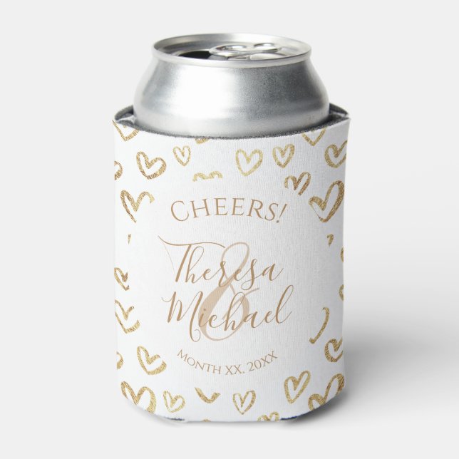 Gold White Hearts Custom Saying Name Date Can Cooler (Can Front)