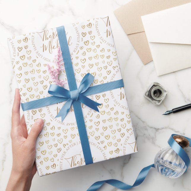 Gold White Hearts DIY Names Engagement Wrapping Paper (Gifting)