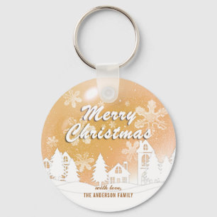 Gold White House Snowflakes Xmas Happy New Year Keychain