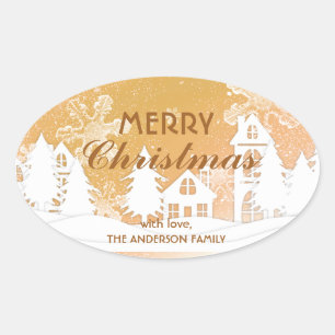 Gold White House Snowflakes Xmas Happy New Year  Oval Sticker