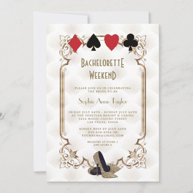 Gold White Las Vegas Casino Bachelorette Weekend Invitation (Front)