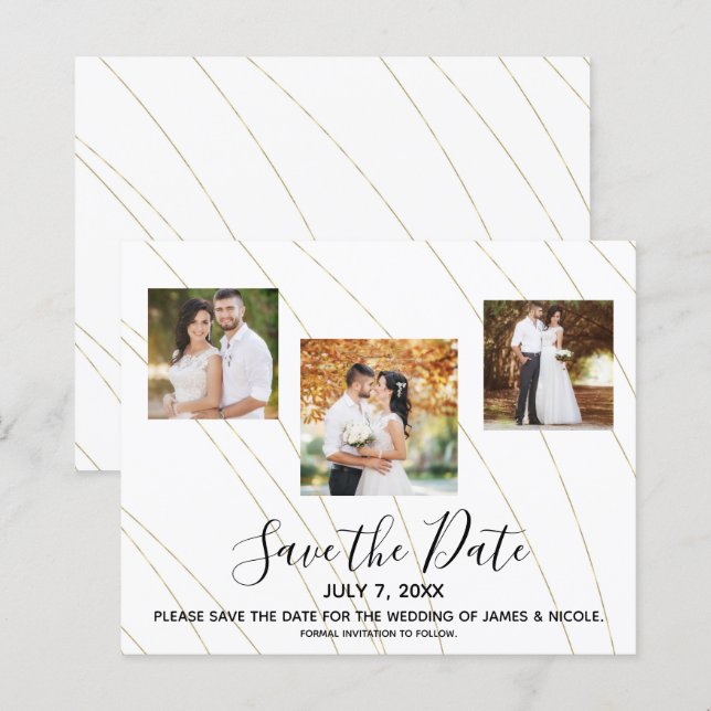 Gold & White Lines Photo Wedding Save the Date (Front/Back)