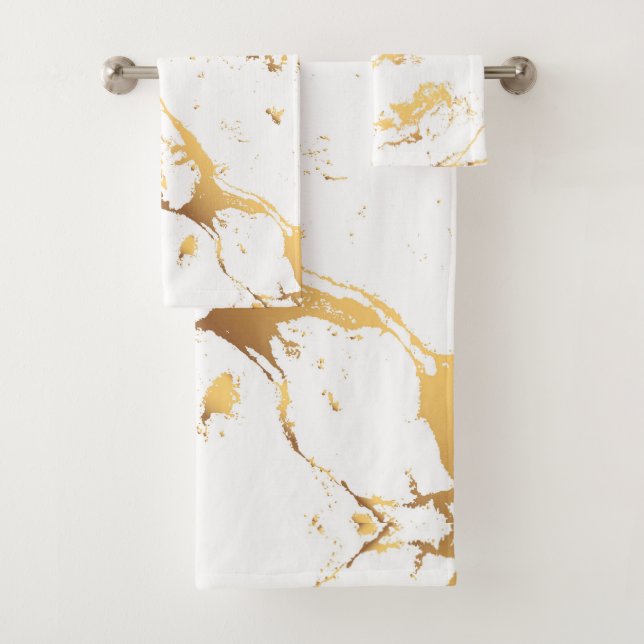Gold White Marble AcrylicPainting The Abstract Art Bath Towel Set (Insitu)