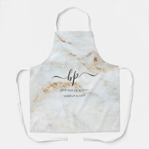 Gold White Marble Business Staff Uniform Monogram Apron
