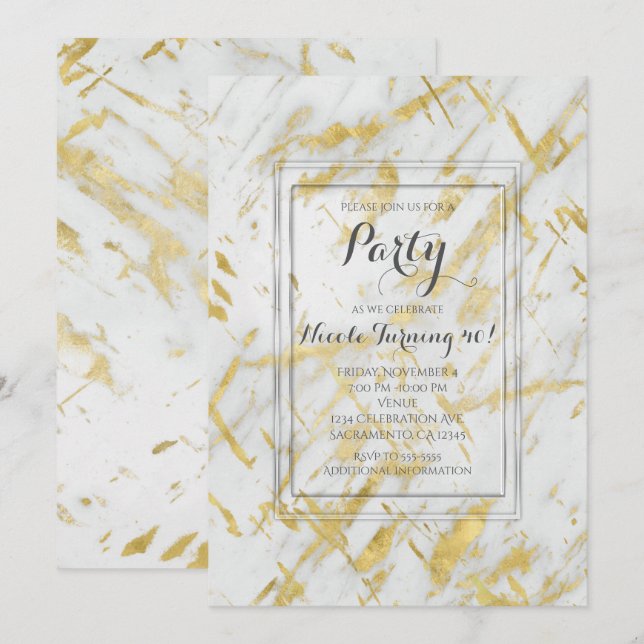 Gold & White Marble Glam Modern Party Invitations (Front/Back)